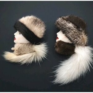 VTG Pair Lady Face Fur Brooches Mid-Century Modern MCM Glam Made in Korea